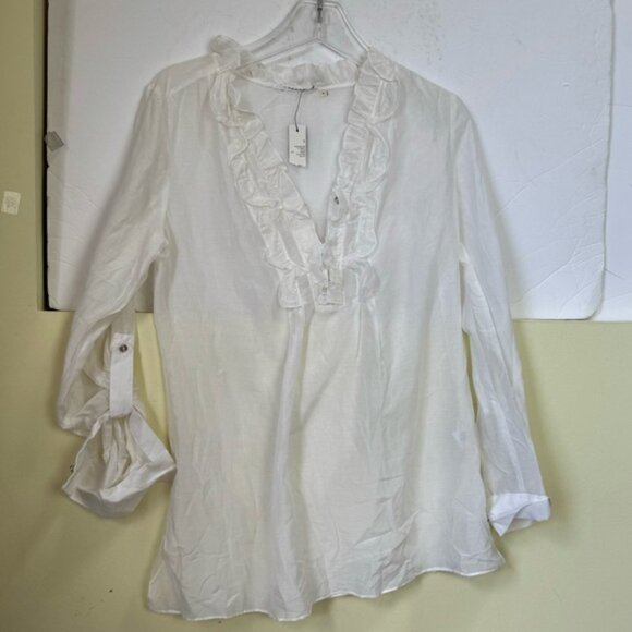 Tahari NEW ELISE Silk Cotton Ruffle Blouse Top Lightweight Sheer Slits Neutral S - Picture 5 of 15